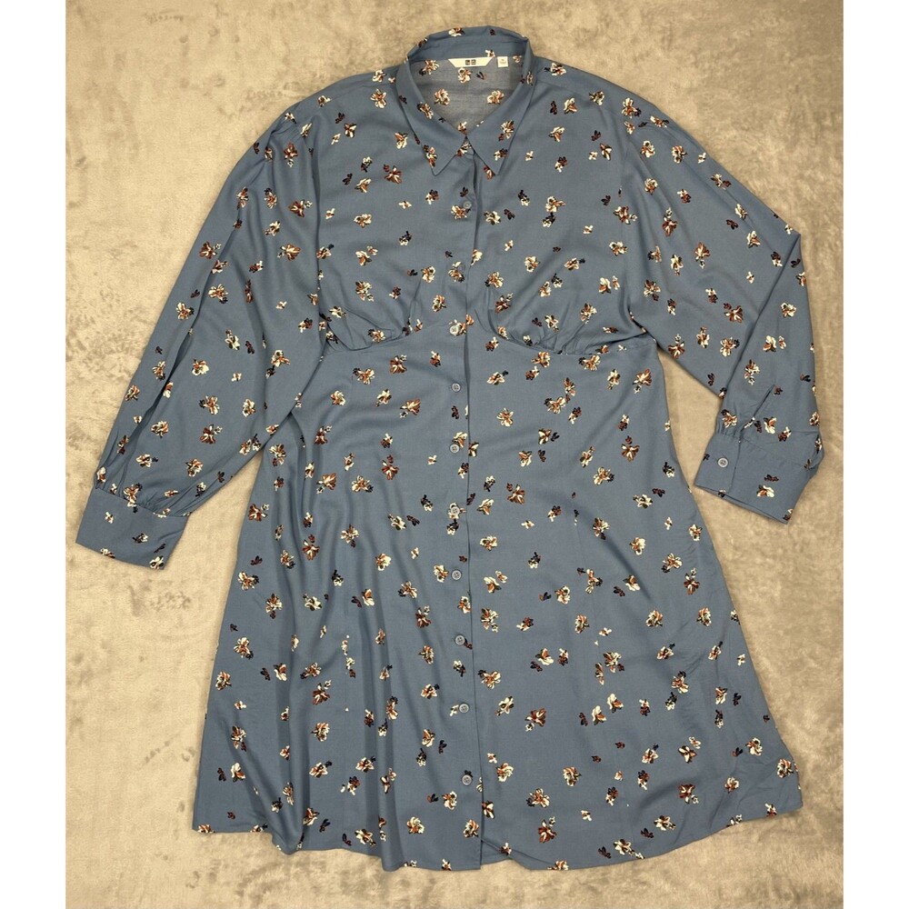 Uniqlo Women Blue Printed Short Sleeve Flare Mini Shirt Dress XL Long Sleeve
